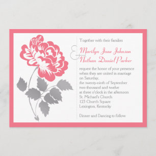 Coral Peony with Grey Wedding Invitation