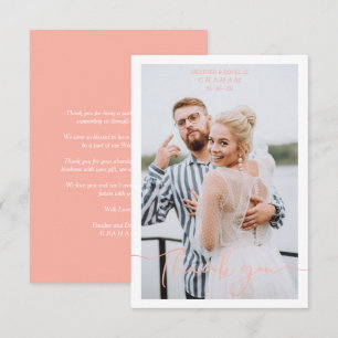 Coral Personalized Photo Wedding Whimsical Script Thank You Card
