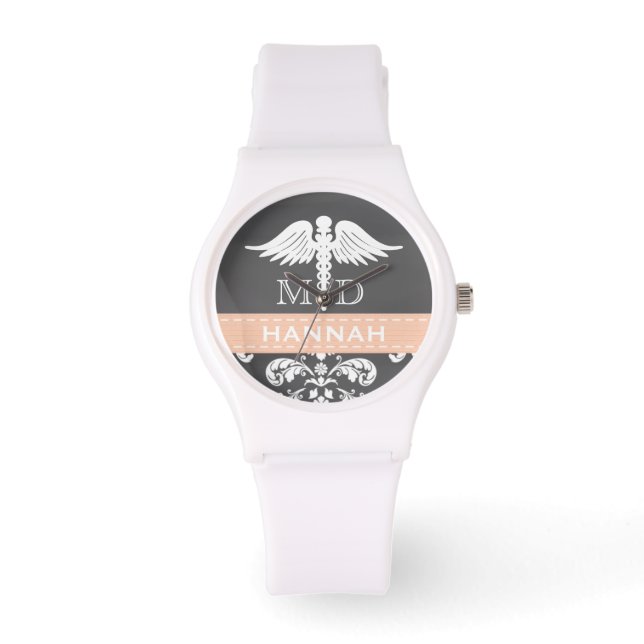 CORAL PERSONALIZED PHYSICIAN CADUCEUS CHALKBOARD WATCH (Front)