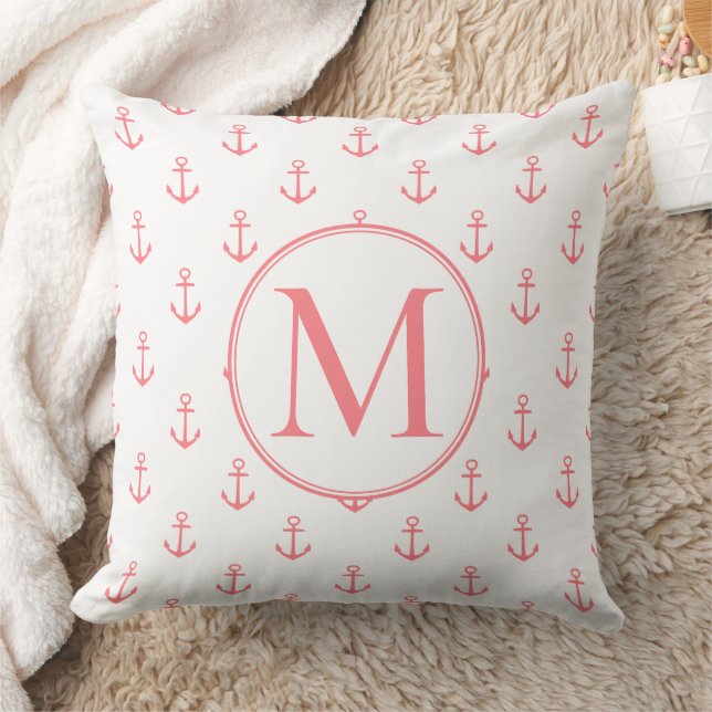 Coral Pink Anchors on White Monogram Cushion (Blanket)