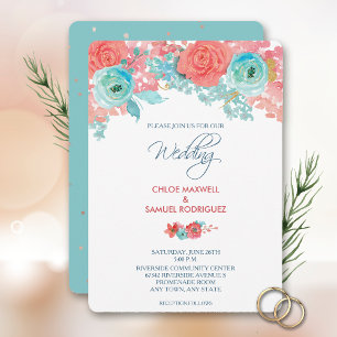 Coral Pink and Aqua Floral Wedding Invitation
