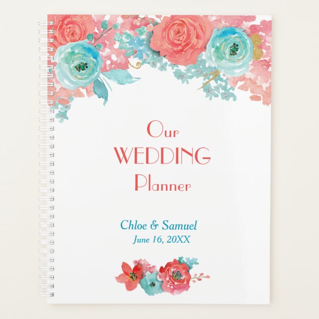 Coral Pink and Aqua Floral Wedding Planner (Front)