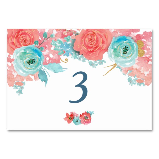 Coral Pink and Aqua Floral Wedding Table Number (Front)