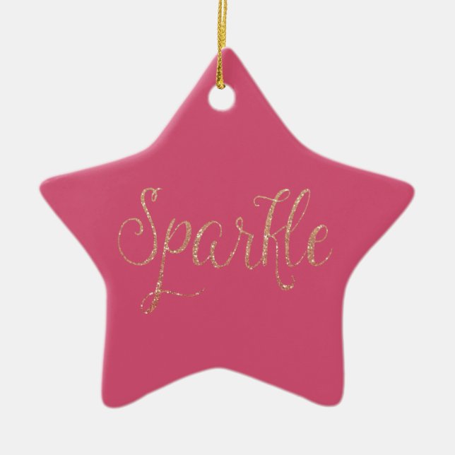 Coral Pink and Gold Faux Glitter Sparkle Ceramic Tree Decoration (Front)