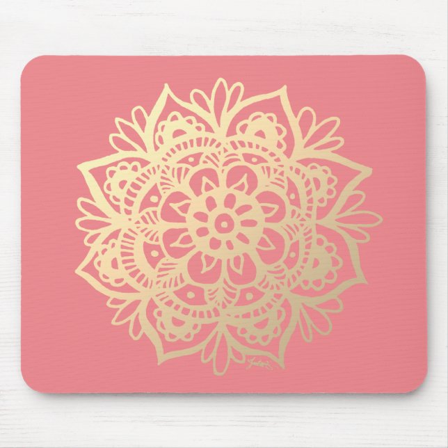 Coral Pink and Gold Mandala Flower Mouse Pad (Front)