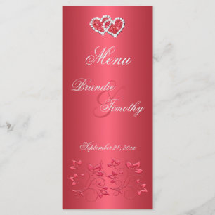 Coral Pink and Grey Floral Hearts Menu Card
