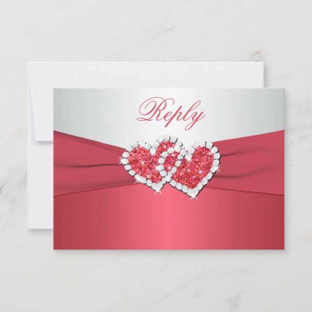 Coral Pink and Grey Joined Hearts Reply Card (Front)