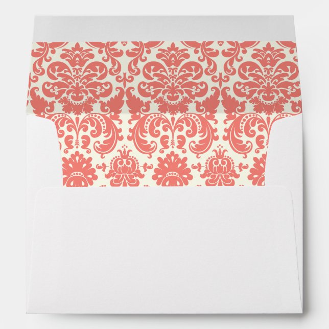 Coral Pink and Ivory Elegant Damask Pattern Envelope (Back (Bottom))