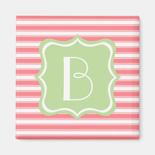 Coral Pink and Mint Green Stripe Monogram Magnet