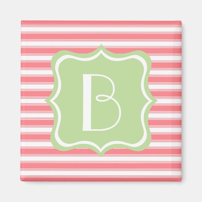Coral Pink and Mint Green Stripe Monogram Magnet (Front)