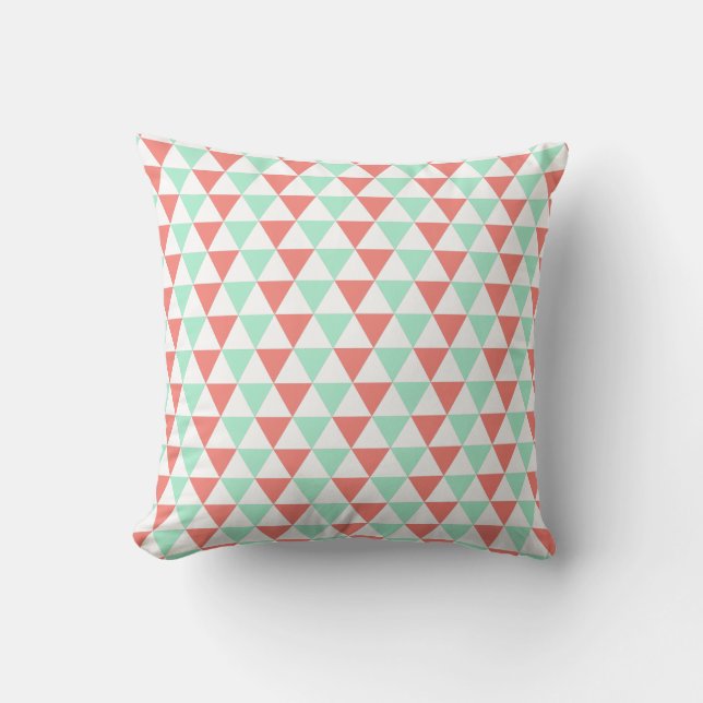 Coral Pink and Mint Green Triangle Pattern Cushion (Front)