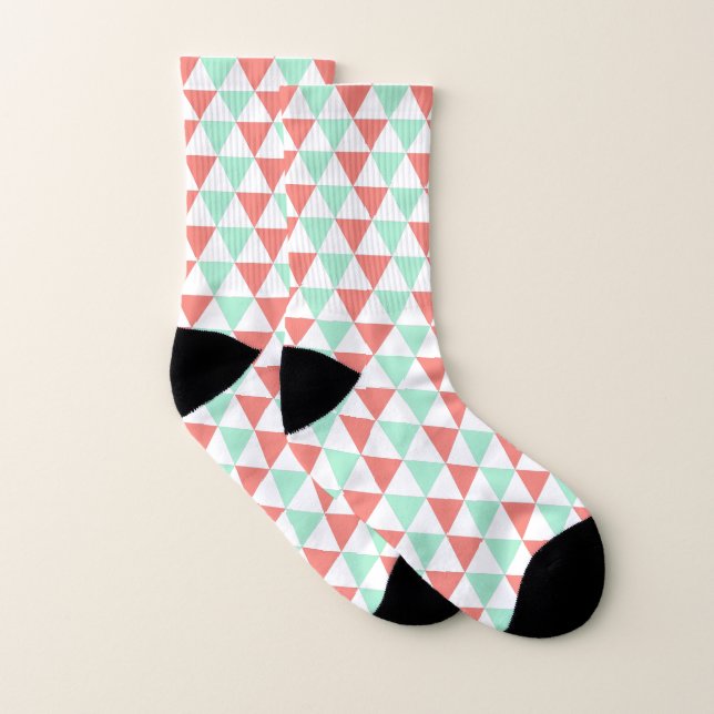 Coral Pink and Mint Green Triangle Pattern Socks (Pair)