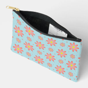 Coral pink and powder blue delicate daisy flowers accessory pouch