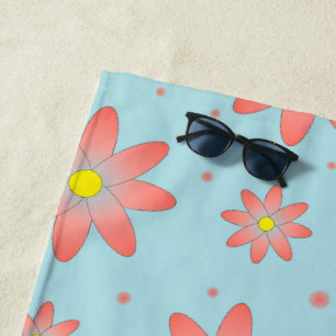 Coral pink and powder blue delicate daisy flowers  beach towel