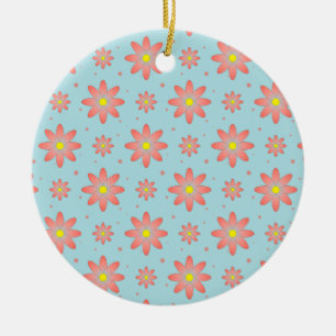 Coral pink and powder blue delicate daisy flowers ceramic ornament