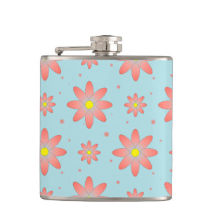 Coral pink and powder blue delicate daisy flowers hip flask