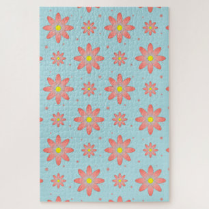 Coral pink and powder blue delicate daisy flowers  jigsaw puzzle