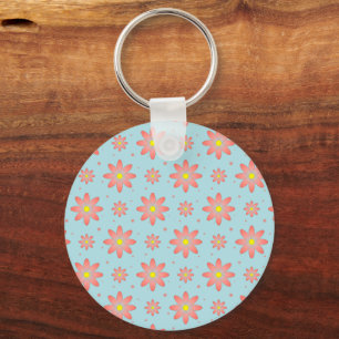 Coral pink and powder blue delicate daisy flowers key ring