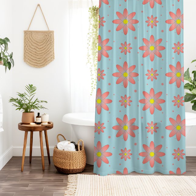 Coral pink and powder blue delicate daisy flowers  shower curtain (Creator Uploaded)