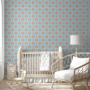 Coral pink and powder blue delicate daisy flowers wallpaper