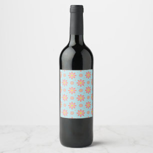 Coral pink and powder blue delicate daisy flowers wine label