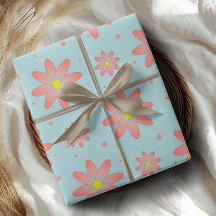 Coral pink and powder blue delicate daisy flowers  wrapping paper