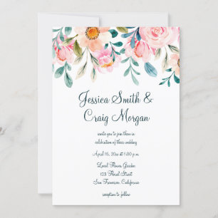 Coral Pink and Teal Floral Watercolor Wedding Invitation