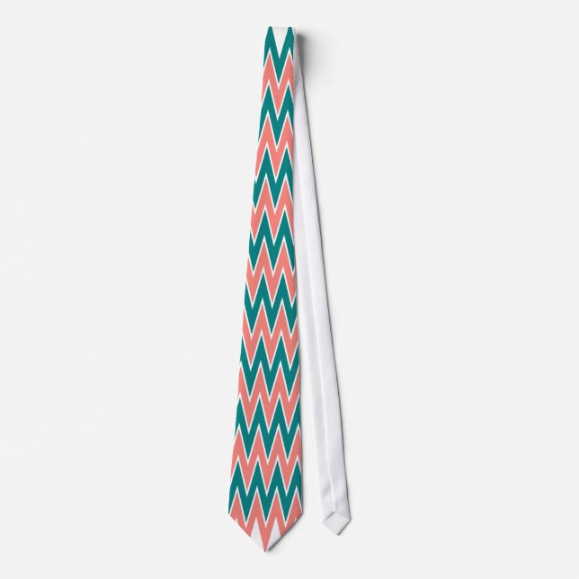 Coral Pink and Teal Zigzag Pattern Tie (Front)