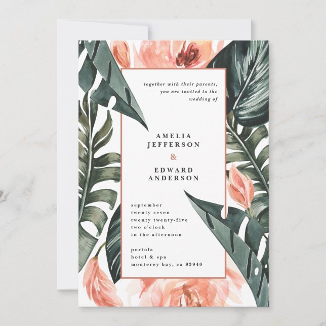 Coral pink and tropical leaf foliage wedding (Front)