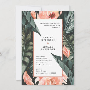 Coral pink and tropical leaf foliage wedding