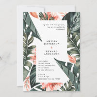 Coral pink and tropical leaf foliage wedding