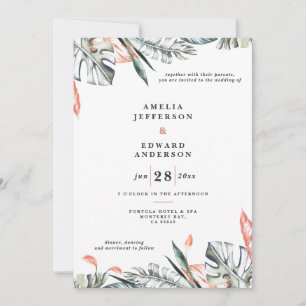 Coral pink and tropical leaf foliage wedding