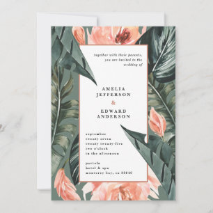Coral pink and tropical leaf foliage wedding
