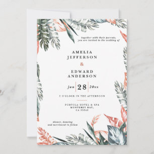 Coral pink and tropical leaf foliage wedding