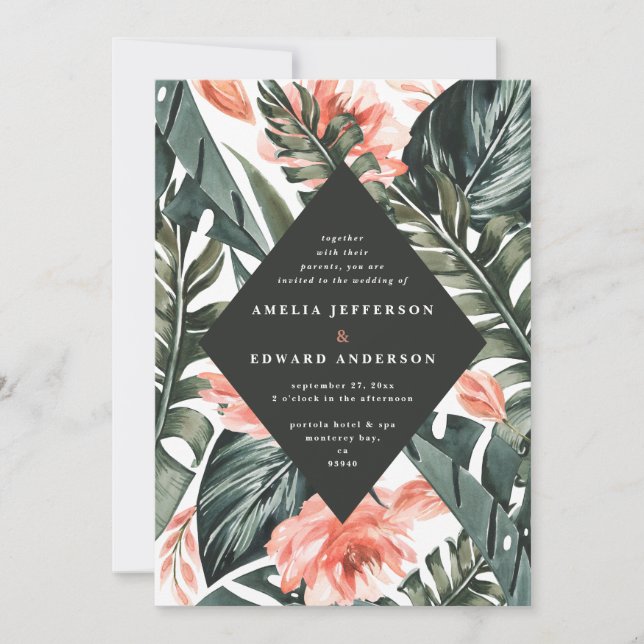 Coral pink and tropical leaf foliage wedding (Front)