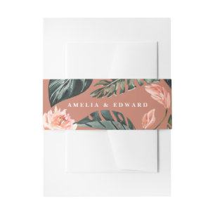 Coral pink and tropical leaf foliage wedding invitation belly band