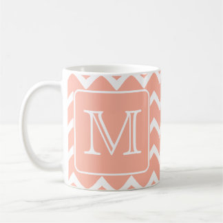 Coral Pink and White Chevron with Custom Monogram. Coffee Mug