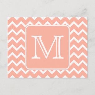 Coral Pink and White Chevron with Custom Monogram. Postcard