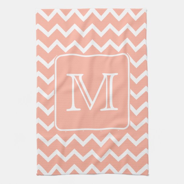 Coral Pink and White Chevron with Custom Monogram. Tea Towel (Vertical)