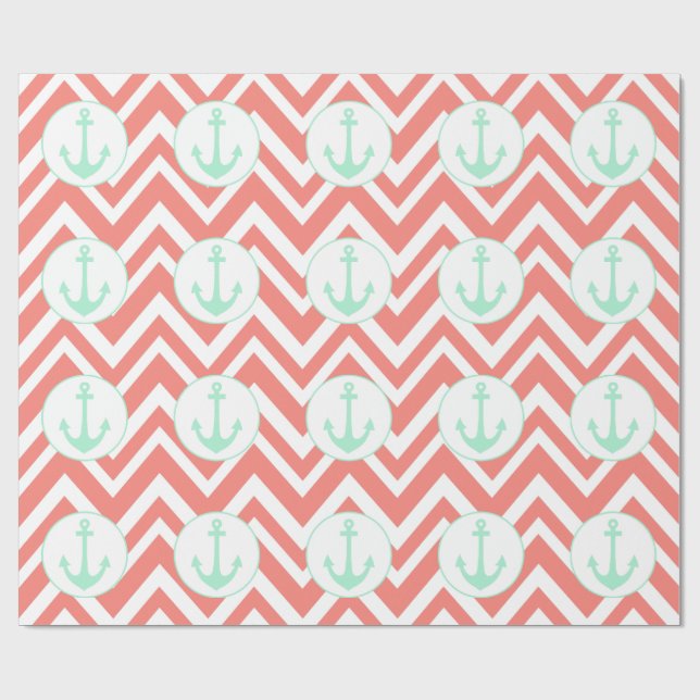 Coral Pink and White Chevron with Mint Nautical Wrapping Paper (Flat)