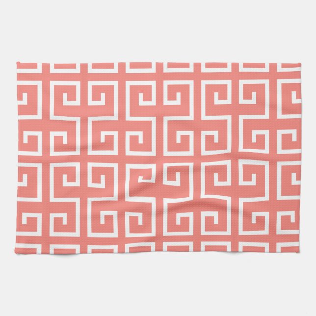 Coral Pink and White Geometric Pattern Tea Towel (Horizontal)