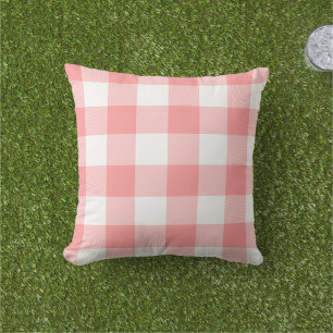 Coral Pink and White Gingham Check Buffalo Plaid Cushion