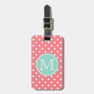 Coral Pink and White Polka Dots with Cool Aqua Luggage Tag