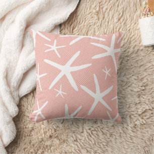 Coral Pink and White Starfish Beach House Cushion