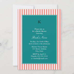 Coral Pink and White Stripes , Teal Bridal Shower Invitation
