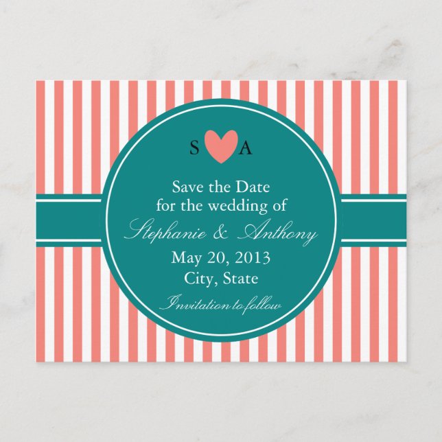 Coral Pink and White Stripes, Teal Save the Date Announcement Postcard (Front)
