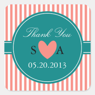 Coral Pink and White Stripes with Teal Thank You Square Sticker