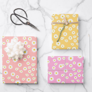 Coral, Pink and Yellow Boho Spring Daisies Pattern Wrapping Paper Sheet