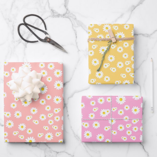 Coral, Pink and Yellow Boho Spring Daisies Pattern Wrapping Paper Sheet (Front)