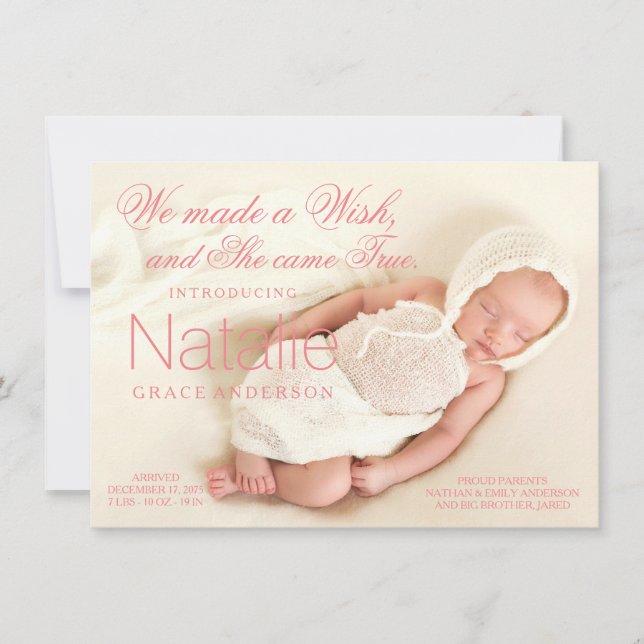 Coral Pink Baby Girl Birth Announcements (Front)